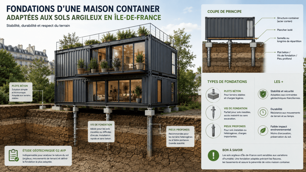 Fondations d'une maison container sur terrain argileux en Île-de-France