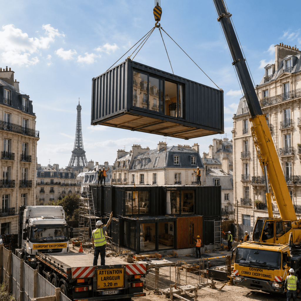 Grutage d'un module de maison container dans Paris