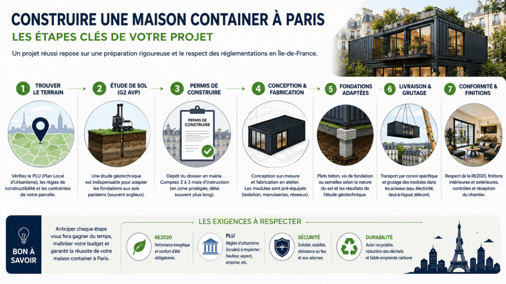Infographie expliquant les étapes de construction d'une maison container à Paris
