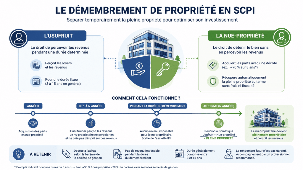 Infographie expliquant le démembrement de propriété en SCPI.
